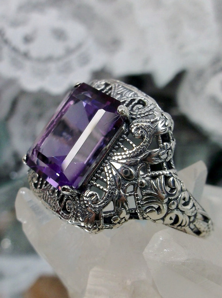 Natural Purple Amethyst Ring, Natural Rectangle Victorian Ring, Sterling Silver, Intricate Filigree, Silver Embrace jewelry, Antique Jewelry, D149 Intricate Ring