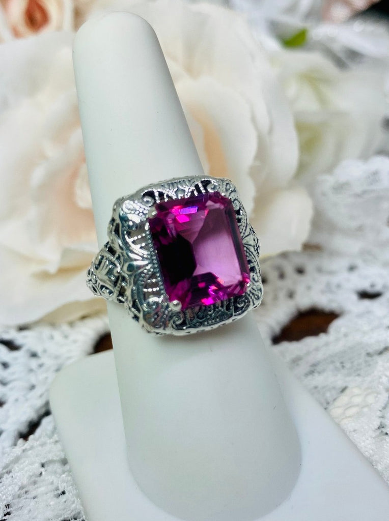 Pink Topaz Ring, Rectangle Victorian Ring, Sterling Silver, Intricate Filigree, Silver Embrace jewelry, Antique Jewelry, D149 Intricate Ring