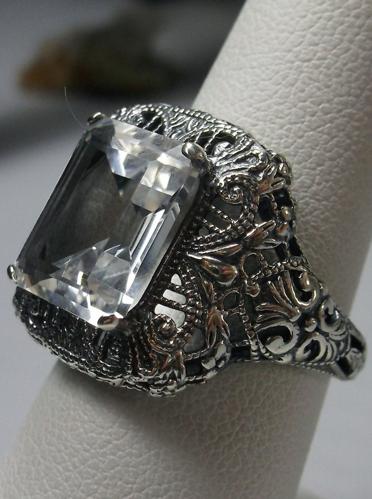 Natural White Topaz Ring, Natural Rectangle Victorian Ring, Sterling Silver, Intricate Filigree, Silver Embrace jewelry, Antique Jewelry, D149 Intricate Ring