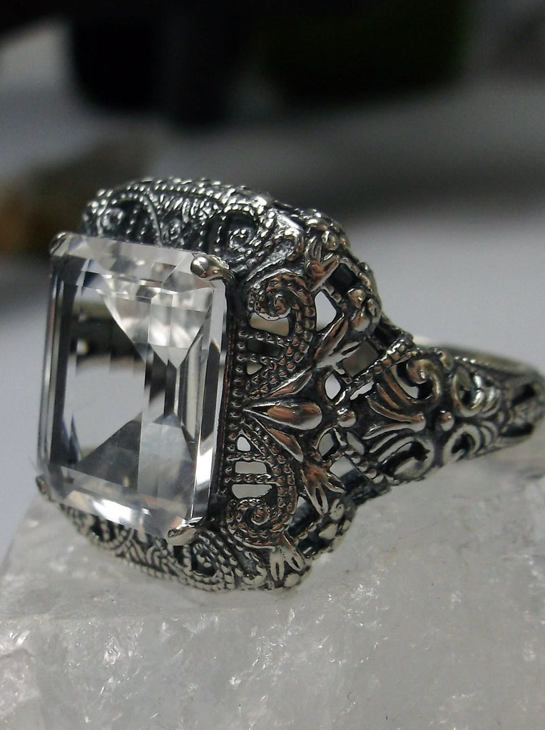 Natural White Topaz Ring, Natural Rectangle Victorian Ring, Sterling Silver, Intricate Filigree, Silver Embrace jewelry, Antique Jewelry, D149 Intricate Ring