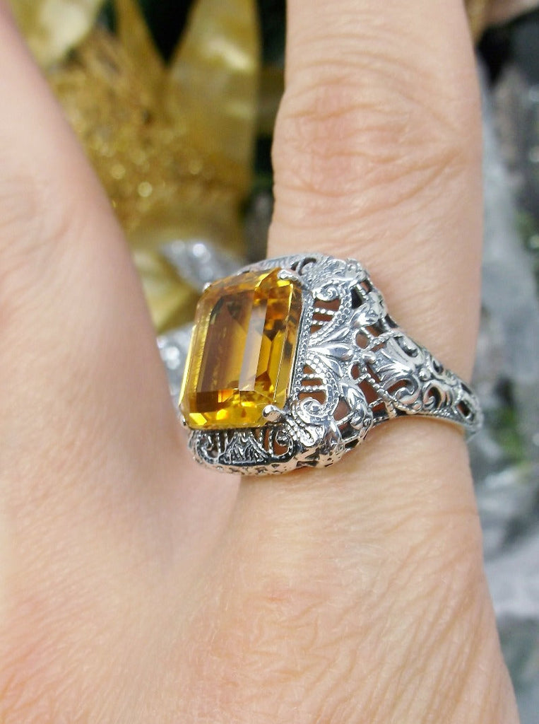 Natural Yellow Citrine Ring, Natural Rectangle Victorian Ring, Sterling Silver, Intricate Filigree, Silver Embrace jewelry, Antique Jewelry, D149 Intricate Ring