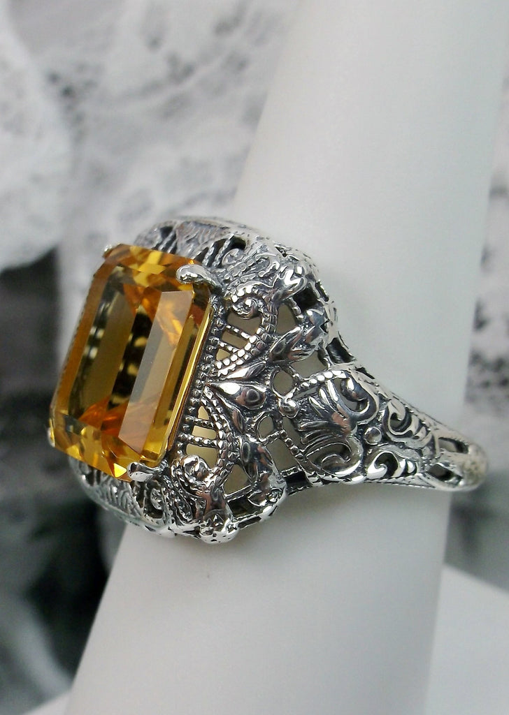 Natural Yellow Citrine Ring, Natural Rectangle Victorian Ring, Sterling Silver, Intricate Filigree, Silver Embrace jewelry, Antique Jewelry, D149 Intricate Ring