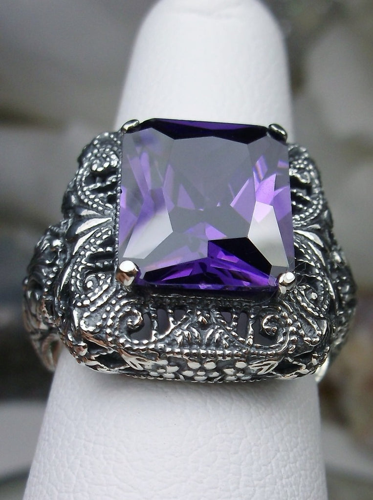 Purple Amethyst Cubic Zirconia (CZ) Ring, Rectangle Victorian Ring, Sterling Silver, Intricate Filigree, Silver Embrace jewelry, Antique Jewelry, D149 Intricate Ring