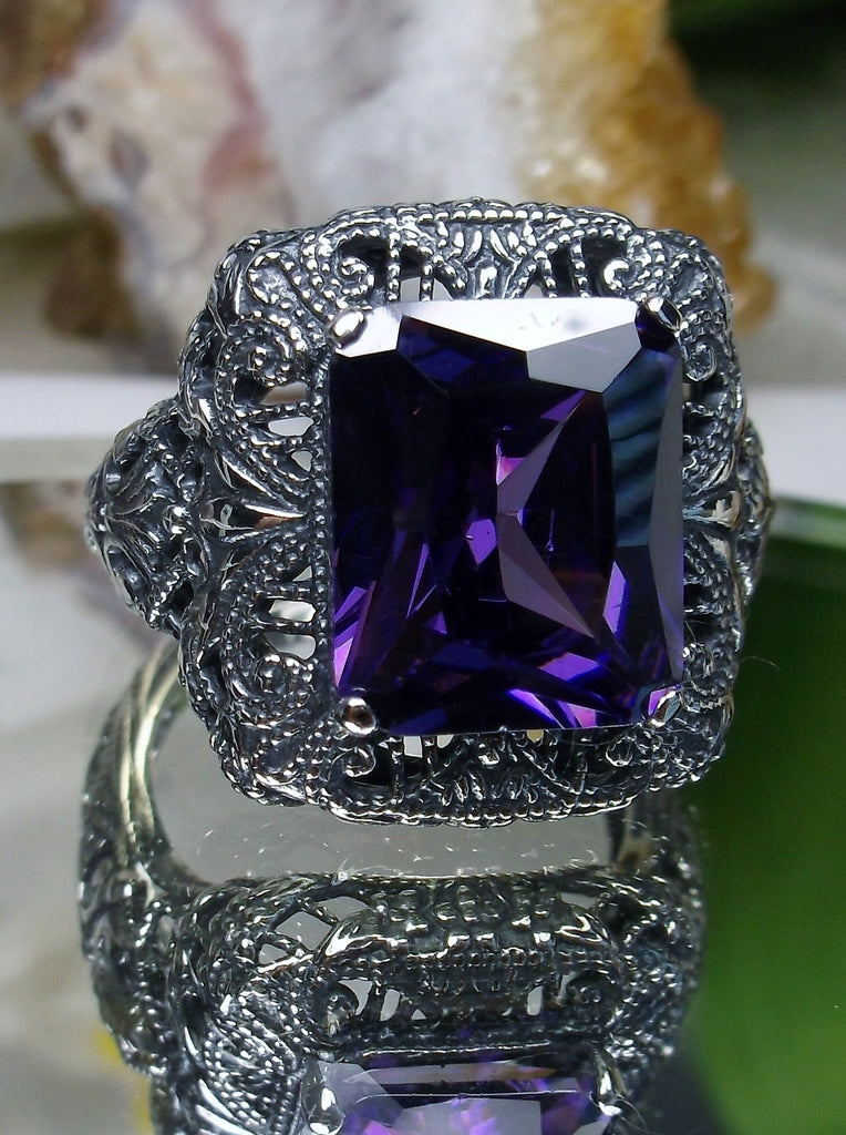Purple Amethyst Cubic Zirconia Ring, Rectangle Victorian Ring, Sterling Silver, Intricate Filigree, Silver Embrace jewelry, Antique Jewelry, D149 Intricate Ring