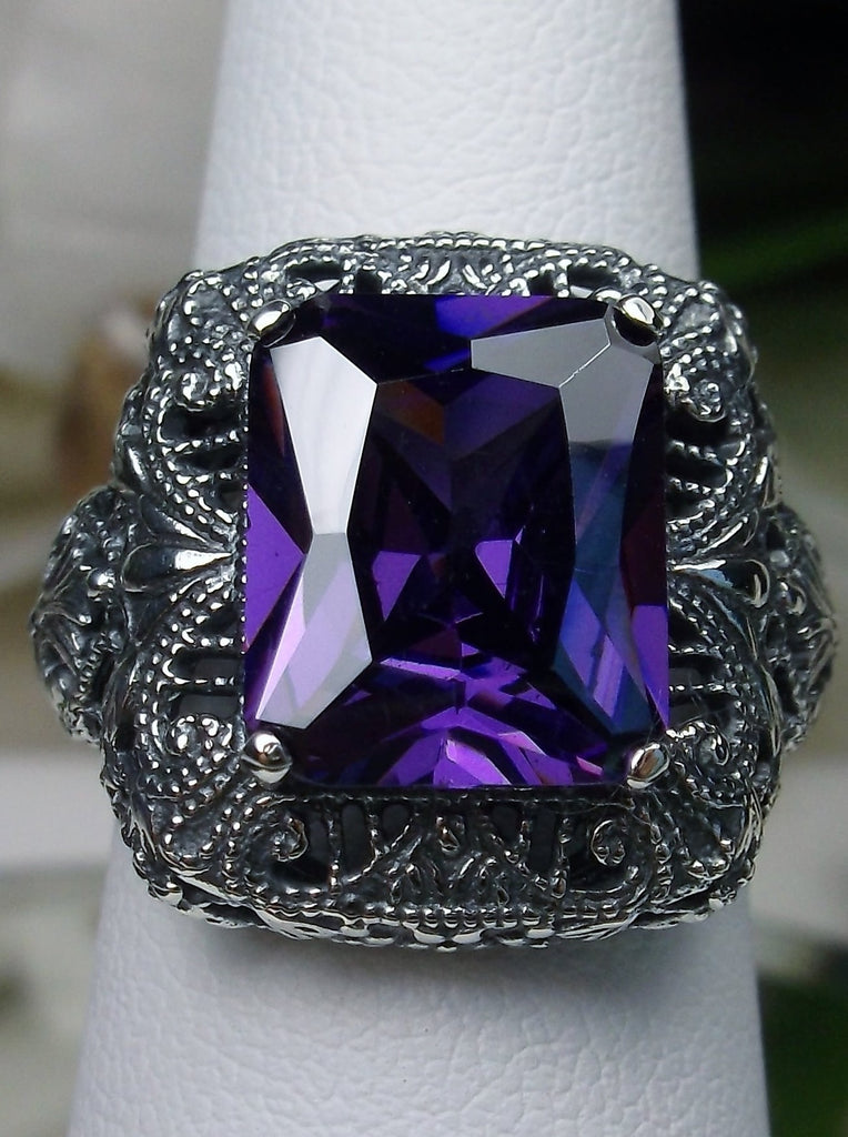 Purple Amethyst Cubic Zirconia Ring, Rectangle Victorian Ring, Sterling Silver, Intricate Filigree, Silver Embrace jewelry, Antique Jewelry, D149 Intricate Ring