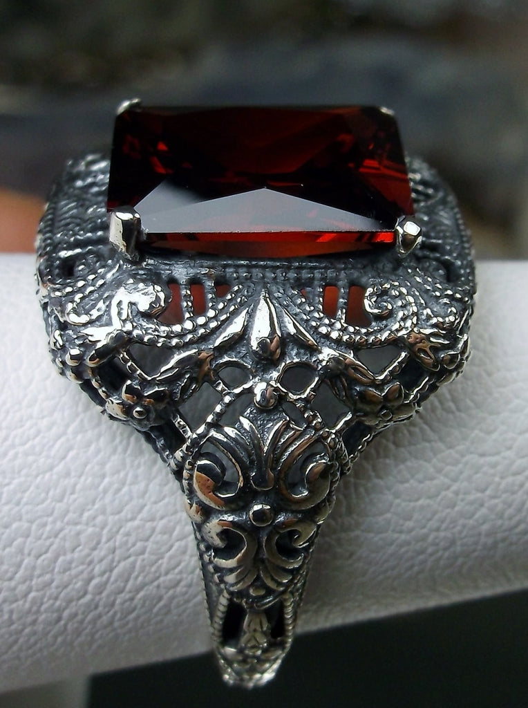 Red Garnet Cubic Zirconia Ring, Rectangle Victorian Ring, Sterling Silver, Intricate Filigree, Silver Embrace jewelry, Antique Jewelry, D149 Intricate Ring