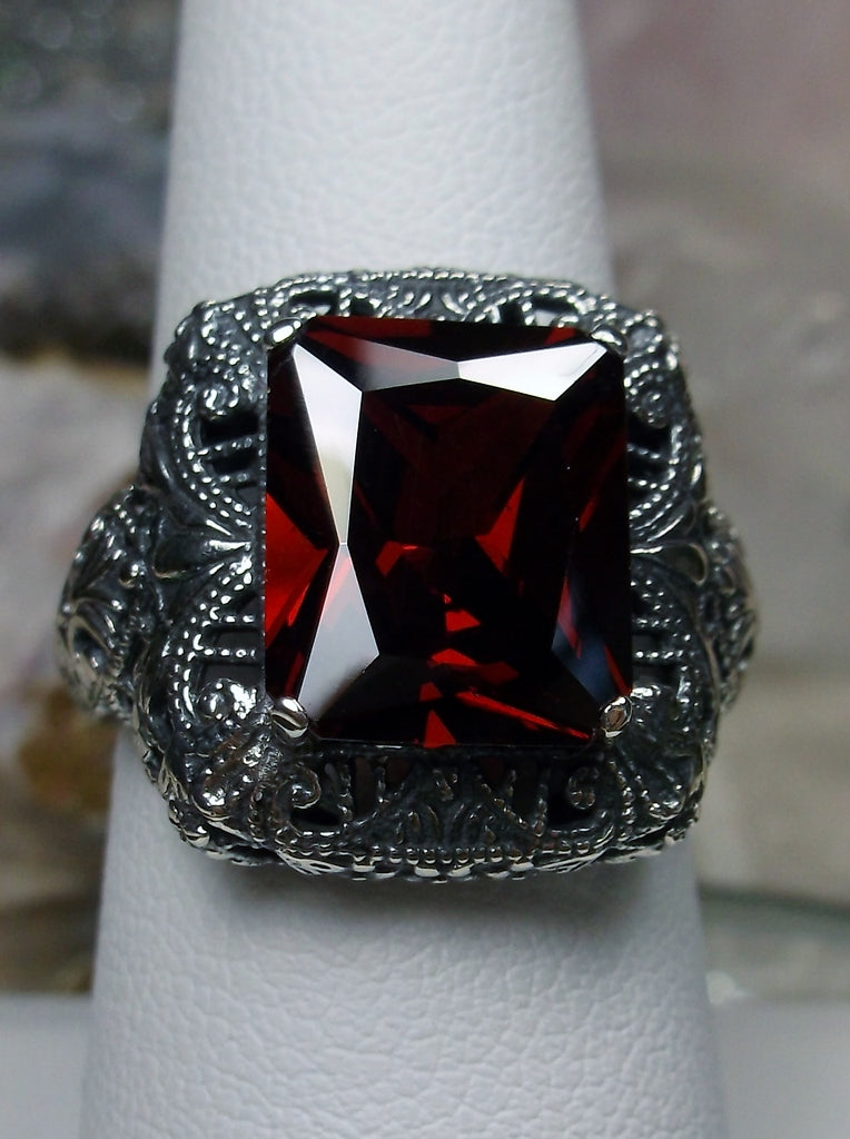 Red Garnet Cubic Zirconia Ring, Rectangle Victorian Ring, Sterling Silver, Intricate Filigree, Silver Embrace jewelry, Antique Jewelry, D149 Intricate Ring