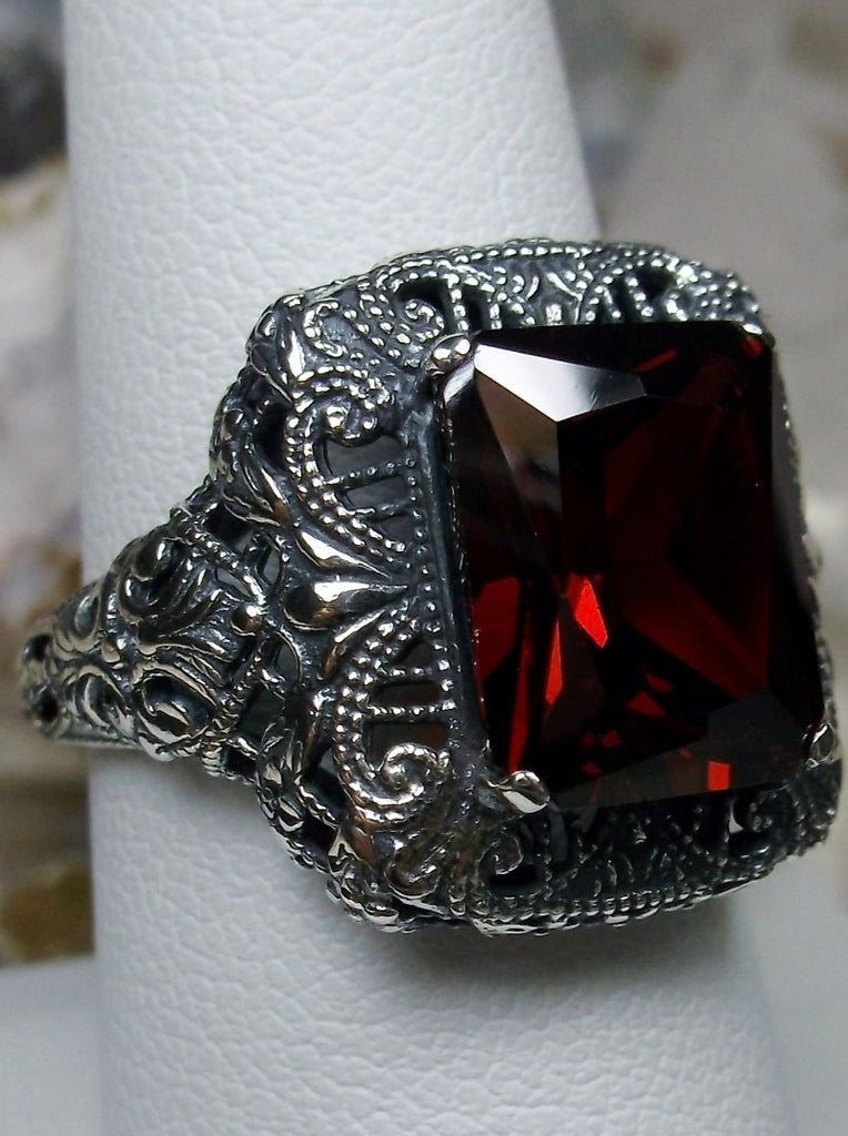 Red Garnet Cubic Zirconia (CZ) Ring, Rectangle Victorian Ring, Sterling Silver, Intricate Filigree, Silver Embrace jewelry, Antique Jewelry, D149 Intricate Ring
