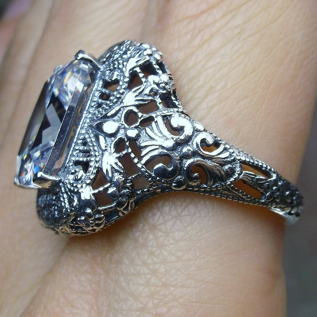 White Cubic Zirconia (CZ) Ring, Rectangle Victorian Ring, Sterling Silver, Intricate Filigree, Silver Embrace jewelry, Antique Jewelry, D149 Intricate Ring