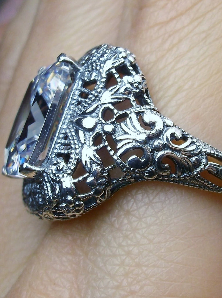 White Cubic Zirconia Ring, Rectangle Victorian Ring, Sterling Silver, Intricate Filigree, Silver Embrace jewelry, Antique Jewelry, D149 Intricate Ring