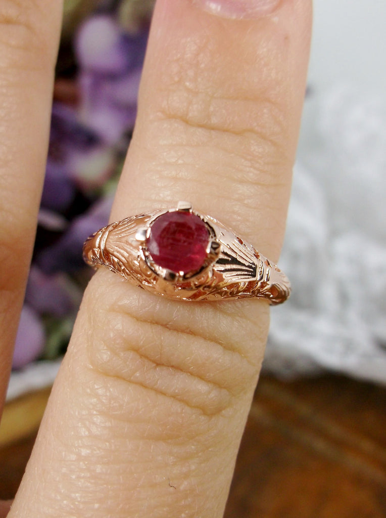 Natural Red Ruby Ring, 14k gold, Rose gold filigree Victorian jewelry, Floral Wedding Design #D154Silver Embrace Jewelry