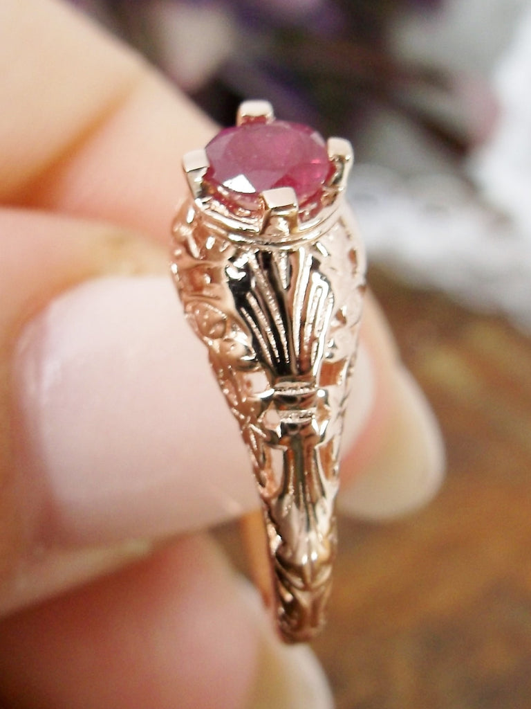 Natural Red Ruby Ring, 14k gold, Rose gold filigree Victorian jewelry, Floral Wedding Design #D154Silver Embrace Jewelry