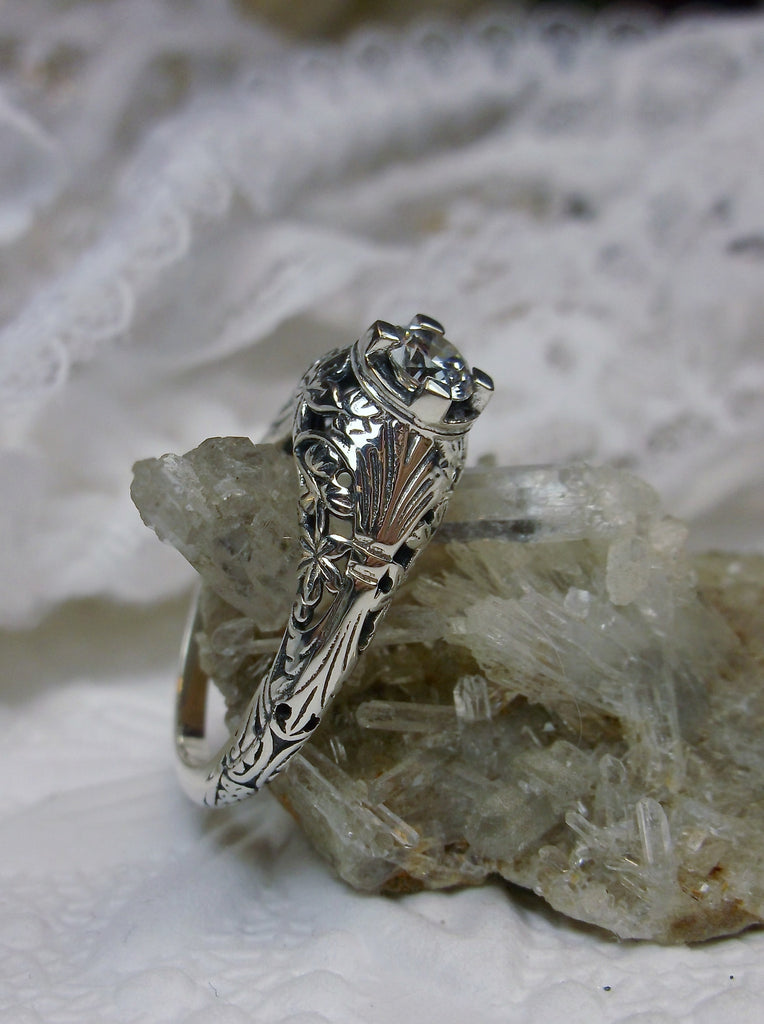 White Cubic Zirconia (CZ) Ring, sterling silver filigree, Victorian jewelry, Floral Wedding Design #D154 Silver Embrace Jewelry