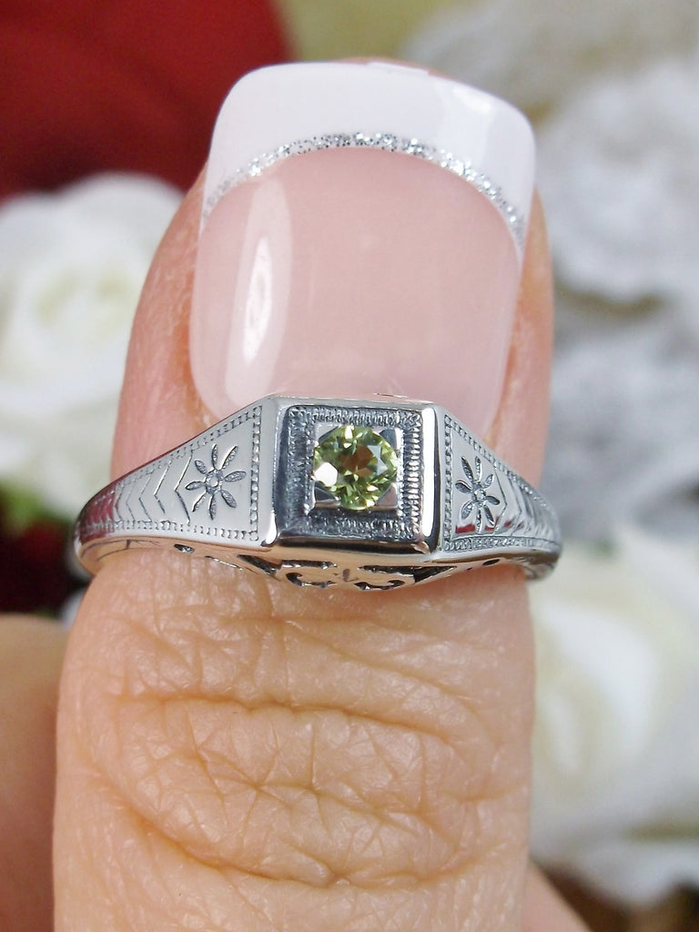 Green Peridot ring, solid sterling silver, deco wedding ring, D155, Silver Embrace Jewelry