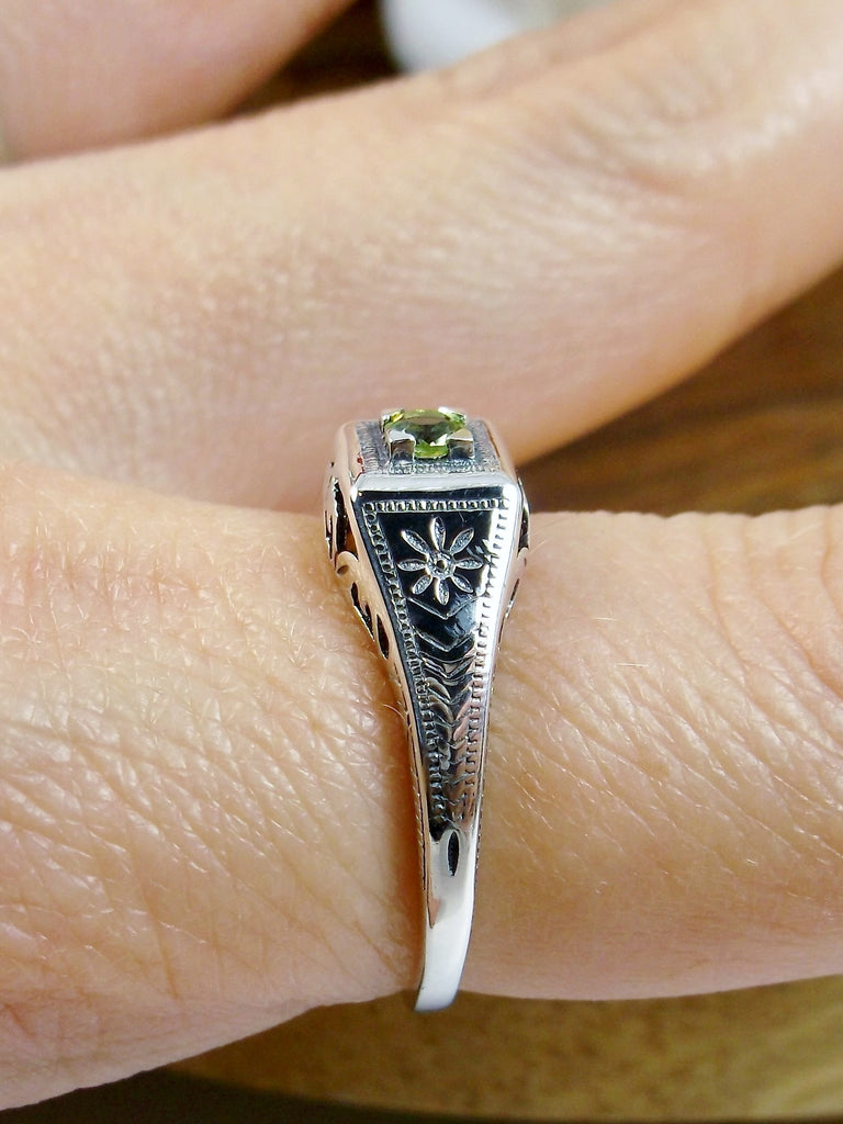 Natural Green Peridot ring, solid sterling silver, deco wedding ring, D155, Silver Embrace Jewelry