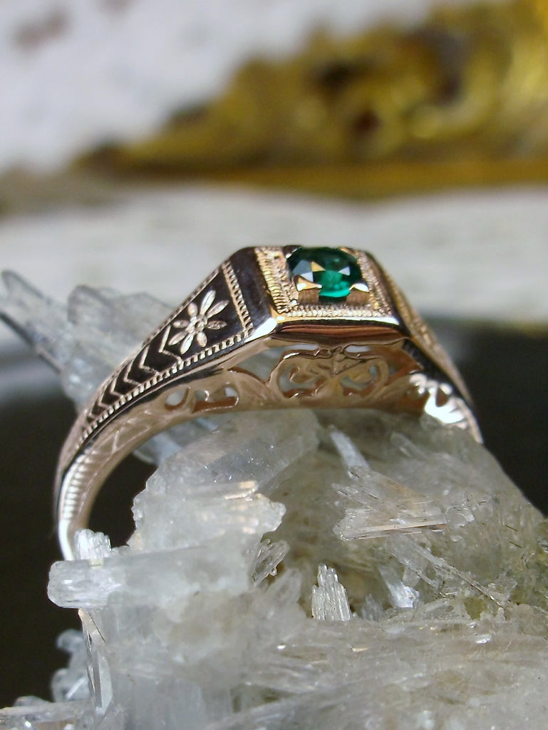 Rose gold plated sterling silver ring, natural green emerald, deco wedding ring, D155, Silver Embrace Jewelry