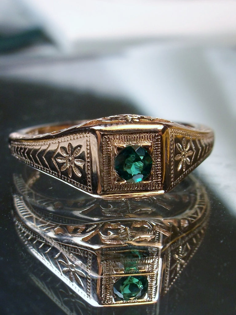 Rose gold plated sterling silver ring, natural green emerald, deco wedding ring, D155, Silver Embrace Jewelry
