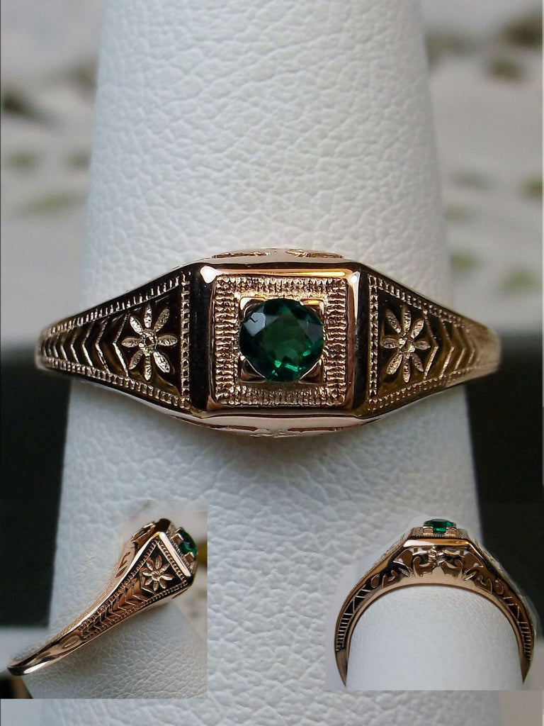10k Solid Rose gold ring, natural green emerald, deco wedding ring, D155, Silver Embrace Jewelry