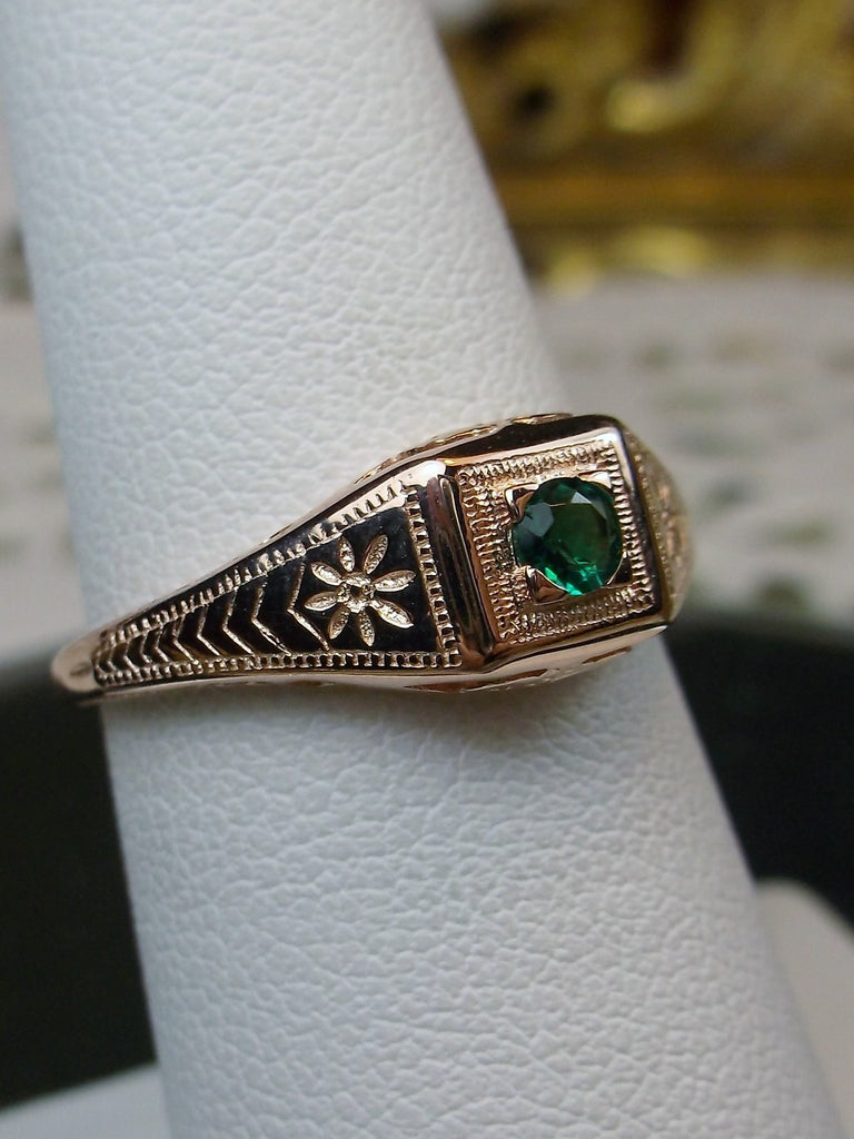 14k Solid Rose gold ring, natural green emerald, deco wedding ring, D155, Silver Embrace Jewelry