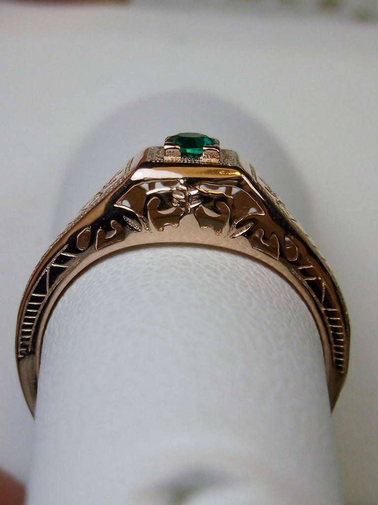 10k Solid Rose gold ring, natural green emerald, deco wedding ring, D155, Silver Embrace Jewelry