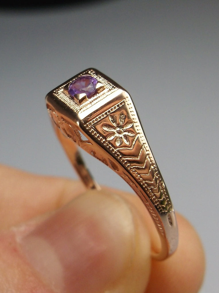14k Rose gold ring, natural purple Amethyst, deco wedding ring, D155, Silver Embrace Jewelry