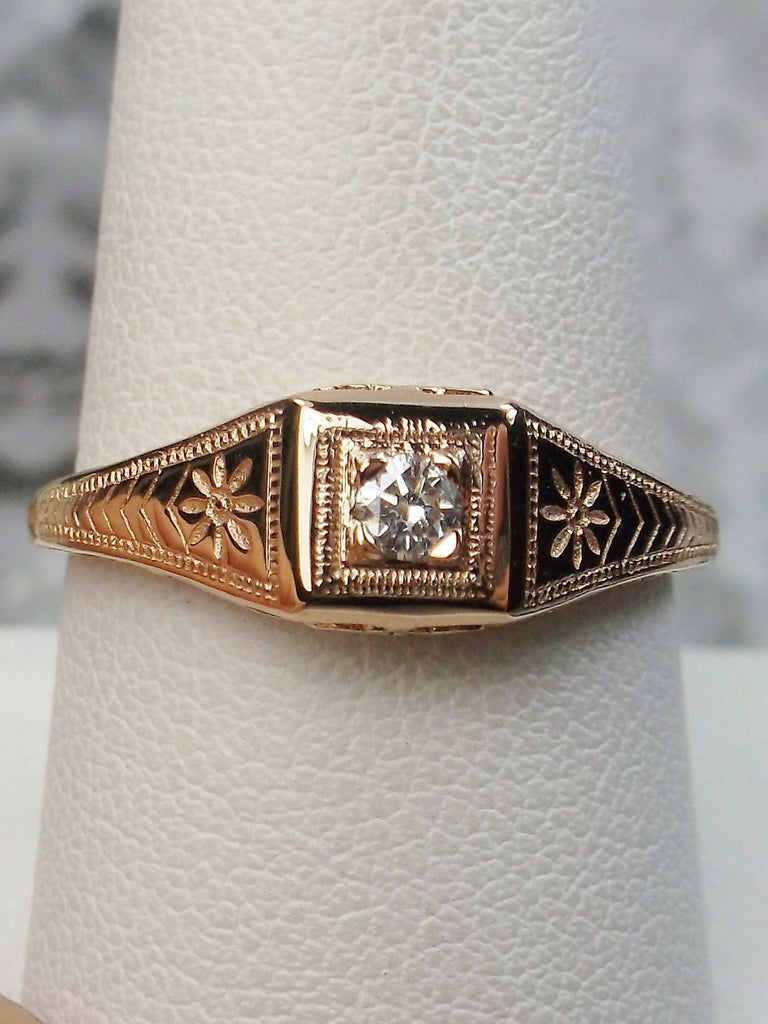 10k solid Rose gold ring, natural white topaz, deco wedding ring, D155, Silver Embrace Jewelry