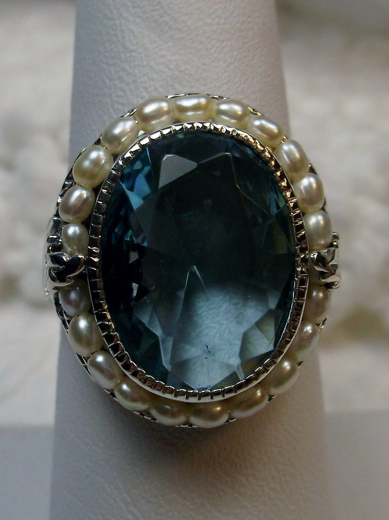 Blue Aquamarine Ring, Sterling Silver Leaf Filigree, Pearl Frame, Vintage Jewelry, Silver Embrace Jewelry