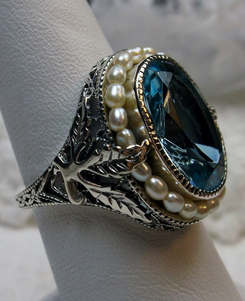 Blue Aquamarine Ring, Sterling Silver Leaf Filigree, Pearl Frame, Vintage Jewelry, Silver Embrace Jewelry