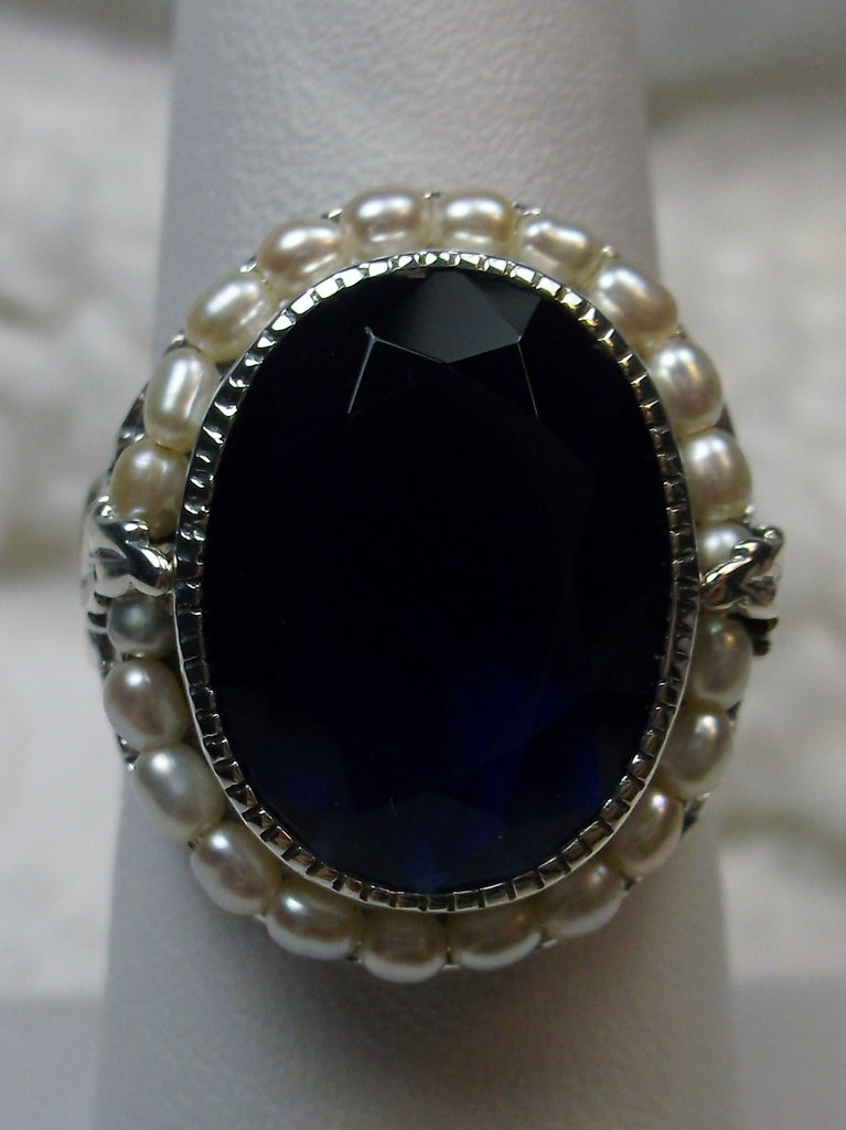 Blue Sapphire Ring, Sterling Silver Leaf Filigree, Pearl Frame, Vintage Jewelry, Silver Embrace Jewelry