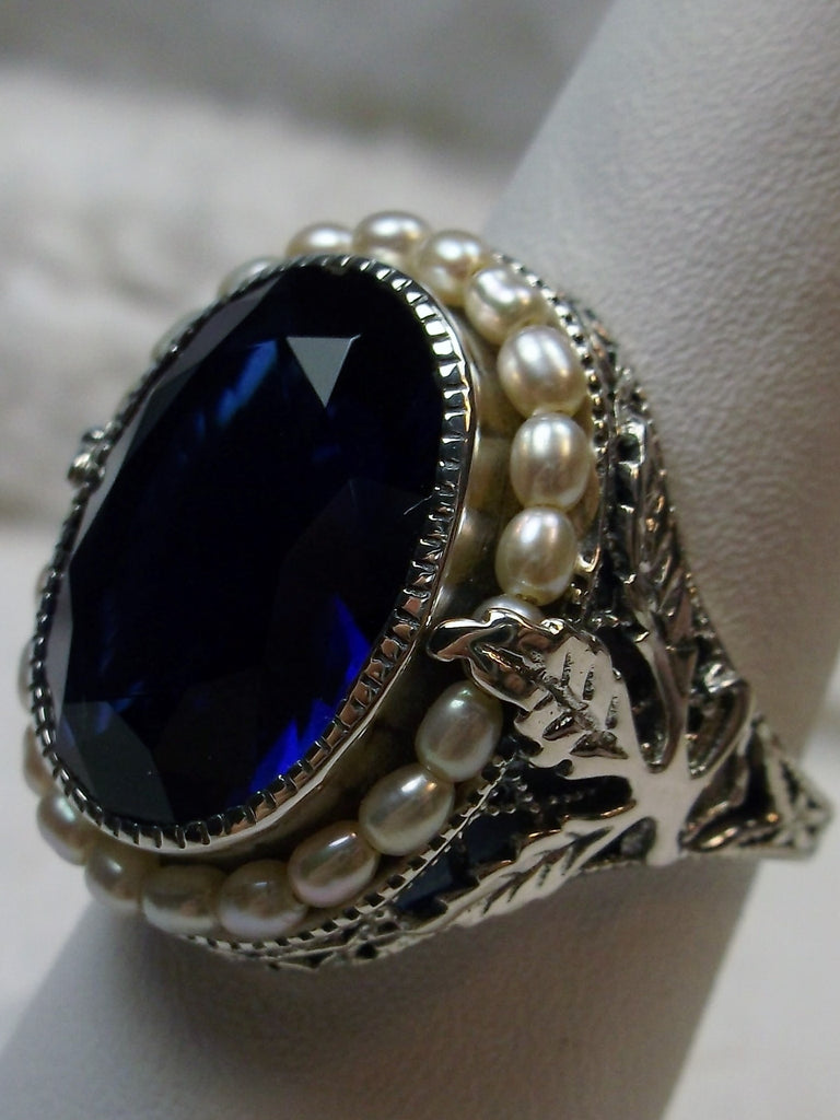 Blue Sapphire Ring, Sterling Silver Leaf Filigree, Pearl Frame, Vintage Jewelry, Silver Embrace Jewelry
