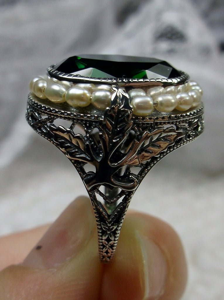 Green Emerald Ring, Sterling Silver Leaf Filigree, Pearl Frame, Vintage Jewelry, Silver Embrace Jewelry