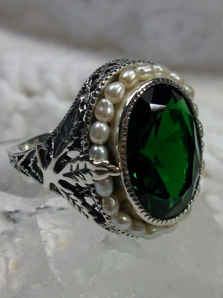 Green Emerald Ring, Sterling Silver Leaf Filigree, Pearl Frame, Vintage Jewelry, Silver Embrace Jewelry