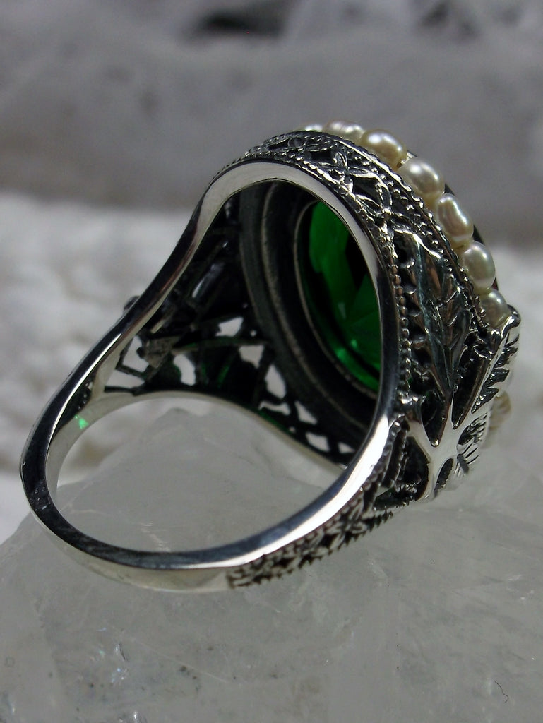 Green Emerald Ring, Sterling Silver Leaf Filigree, Pearl Frame, Vintage Jewelry, Silver Embrace Jewelry