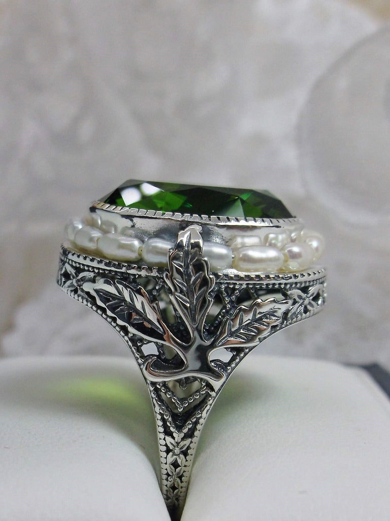 Green Peridot Ring, Sterling Silver Leaf Filigree, Pearl Frame, Vintage Jewelry, Silver Embrace Jewelry