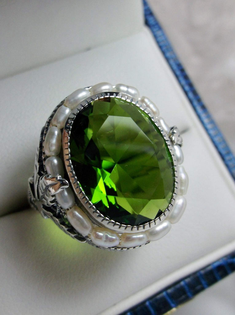 Green Peridot Ring, Sterling Silver Leaf Filigree, Pearl Frame, Vintage Jewelry, Silver Embrace Jewelry