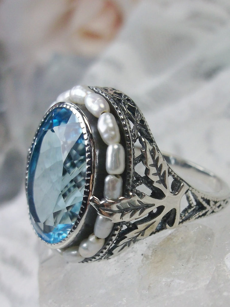 Natural Blue Topaz Ring, Sterling Silver Leaf Filigree, Pearl Frame, Vintage Jewelry, Silver Embrace Jewelry