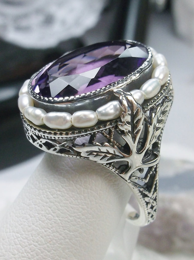 Natural Amethyst Ring, Sterling Silver Leaf Filigree, Pearl Frame, Vintage Jewelry, Silver Embrace Jewelry