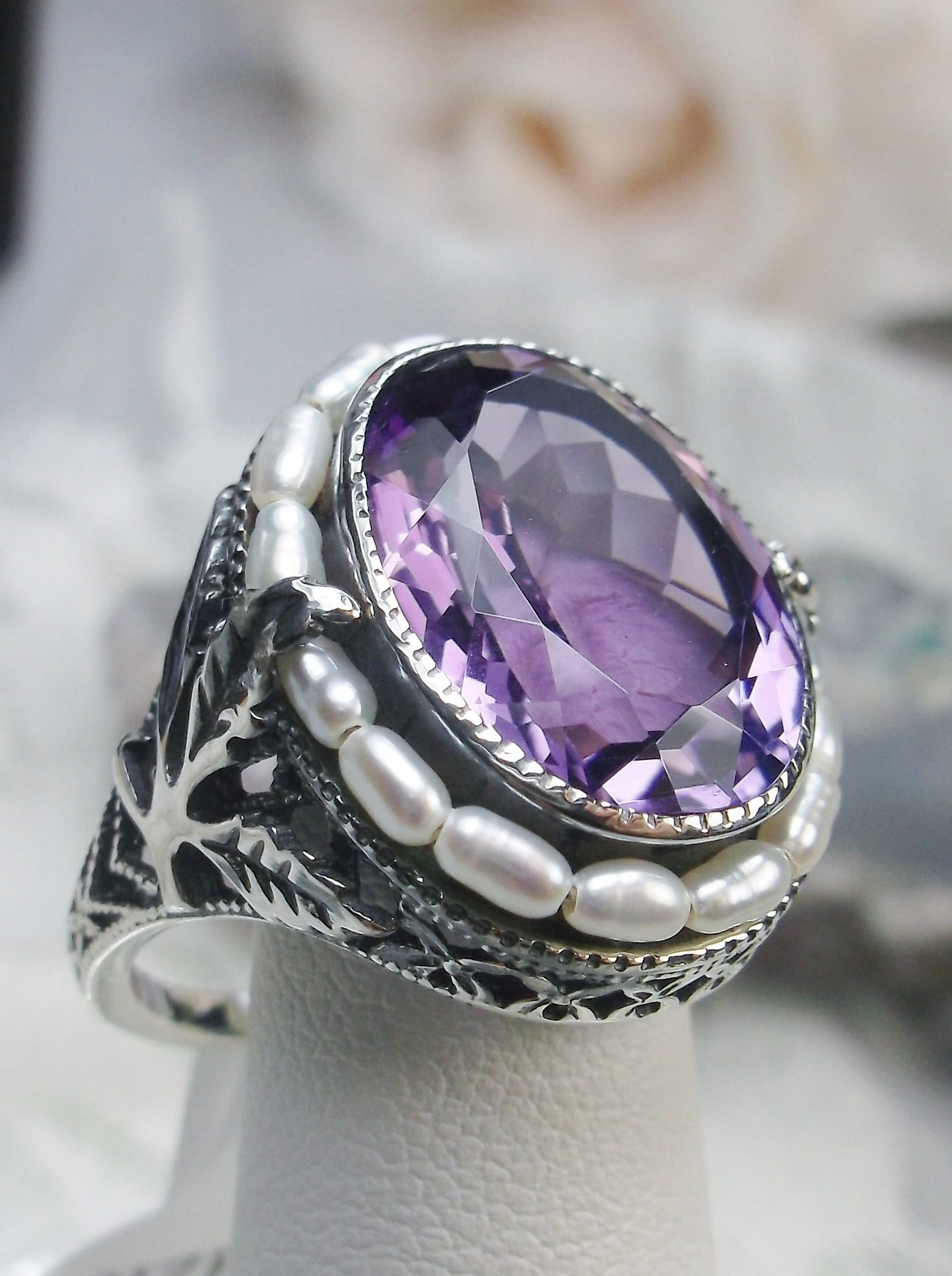 Natural Amethyst Ring, Garden Leaf Silver Filigree, Victorian Jewelry ...
