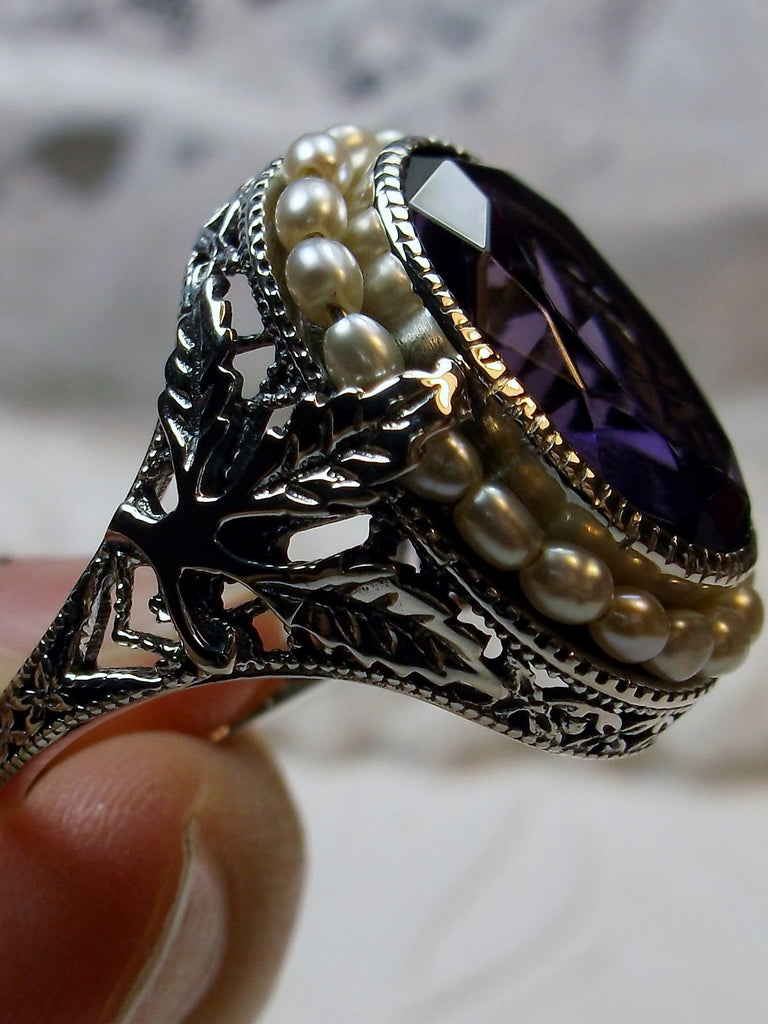 Purple Amethyst Ring, Sterling Silver Leaf Filigree, Pearl Frame, Vintage Jewelry, Silver Embrace Jewelry