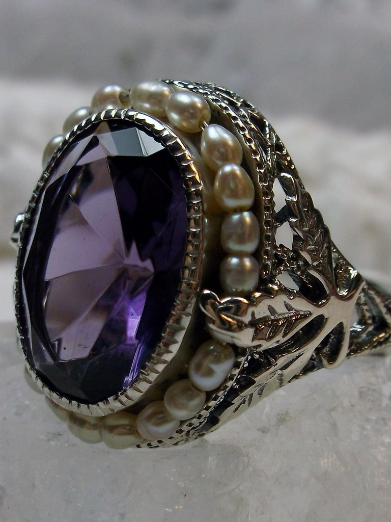 Purple Amethyst Ring, Sterling Silver Leaf Filigree, Pearl Frame, Vintage Jewelry, Silver Embrace Jewelry