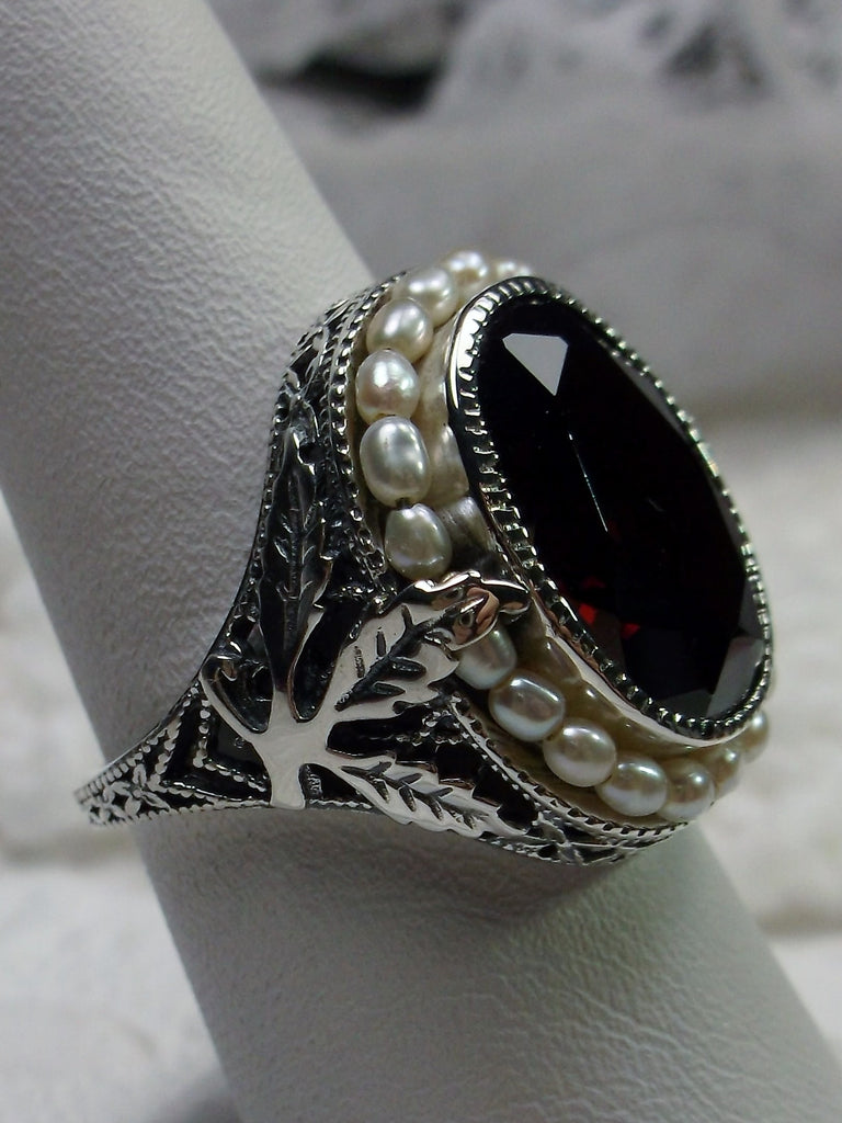 Red Garnet Cubic Zirconia (CZ) Ring, Sterling Silver Leaf Filigree, Pearl Frame, Vintage Jewelry, Silver Embrace Jewelry