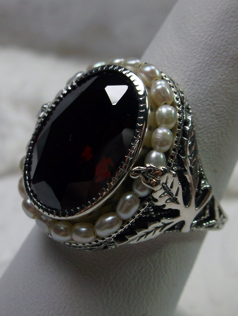Red Garnet Cubic Zirconia (CZ) Ring, Sterling Silver Leaf Filigree, Pearl Frame, Vintage Jewelry, Silver Embrace Jewelry