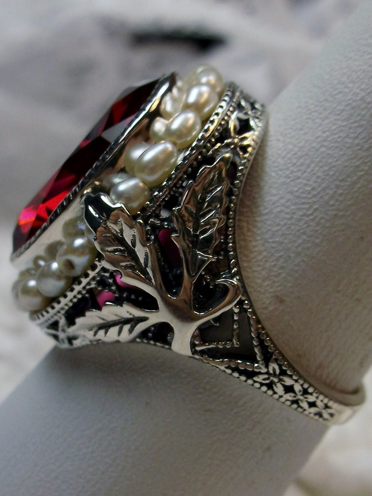 Red Ruby Ring, Sterling Silver Leaf Filigree, Pearl Frame, Vintage Jewelry, Silver Embrace Jewelry