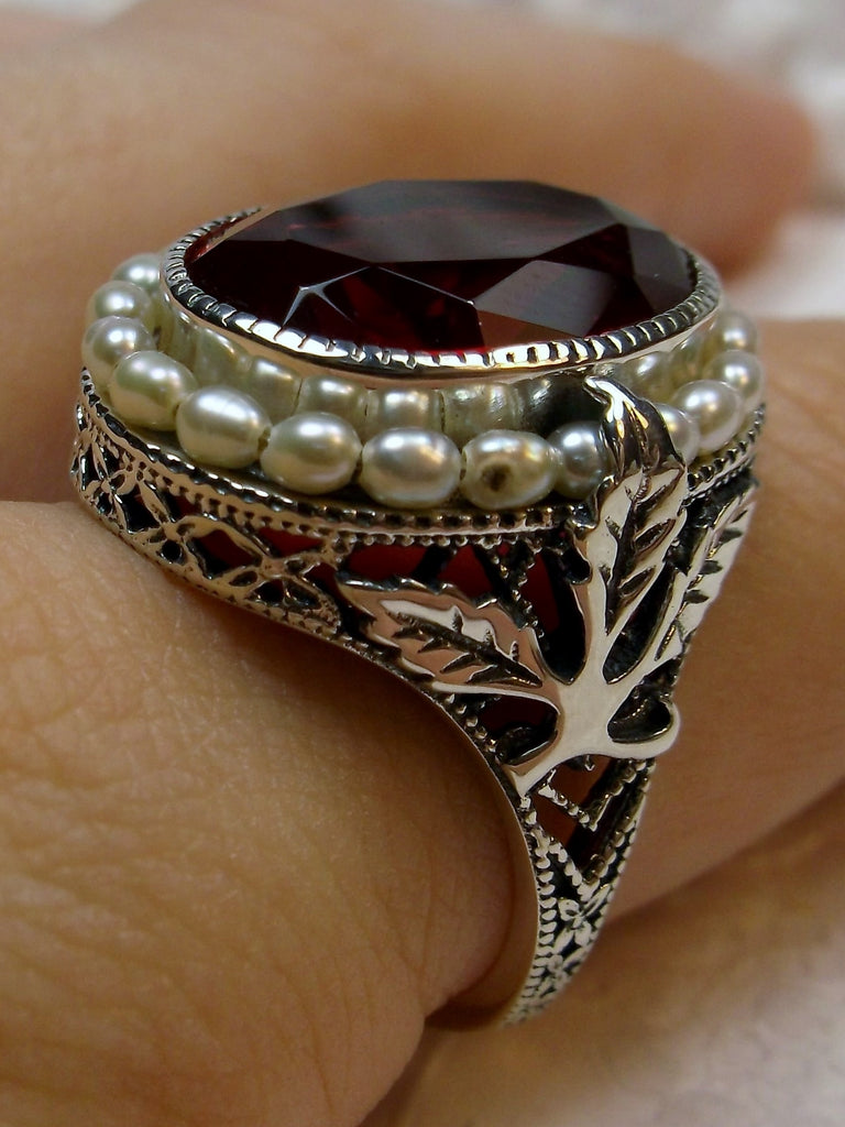 Red Ruby Ring, Sterling Silver Leaf Filigree, Pearl Frame, Vintage Jewelry, Silver Embrace Jewelry