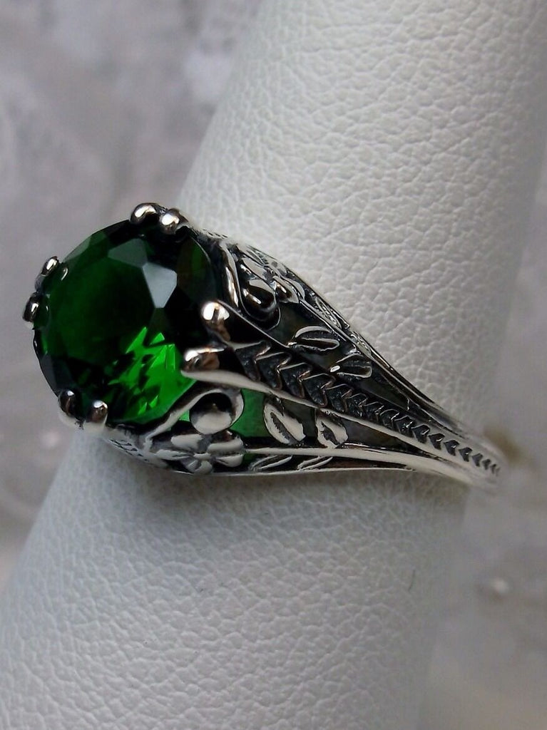 Emerald Ring, Solitaire gemstone, Natural or simulated gem, floral filigree, Sterling Silver, Deco2Fleur, Art Deco Jewelry, Silver Embrace Jewelry D159