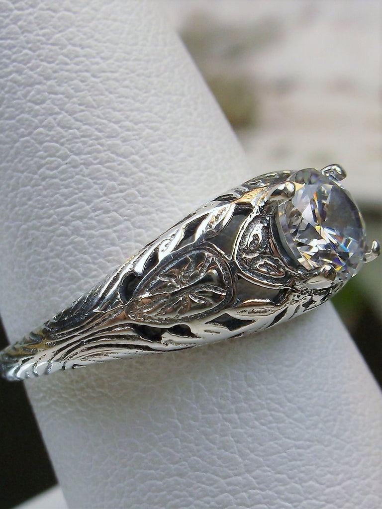 White Cubic Zirconia (CZ) Ring, Etched Wedding, Sterling Silver Filigree, Silver Embrace Jewelry, Etched Wedding D160