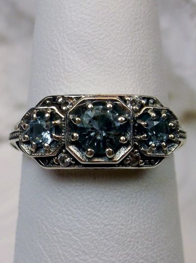 Blue Topaz Ring, Art deco style ring with three gems set in sterling silver filigree
