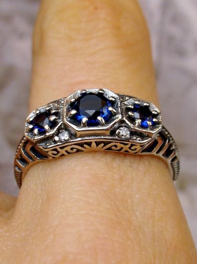Blue Sapphire Ring, Art deco style ring with three gems set in sterling silver filigree