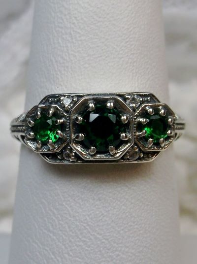 Green Emerald Ring, Art deco style ring with three gems set in sterling silver filigree