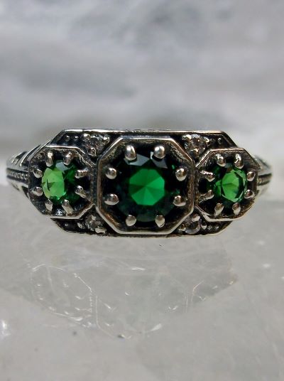 Green Emerald Ring, Art deco style ring with three gems set in sterling silver filigree
